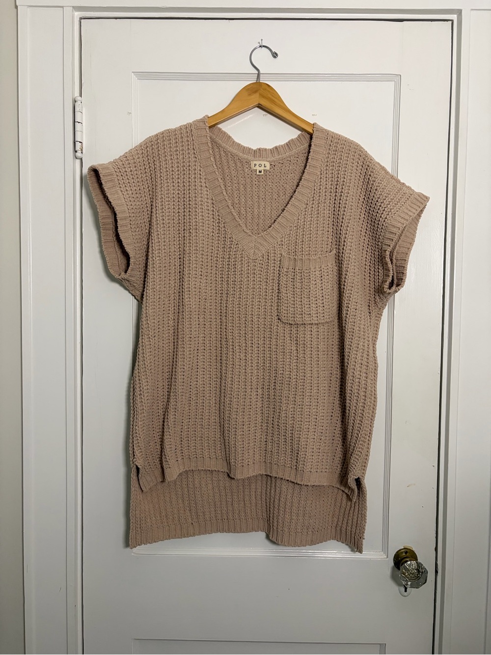 POL V-Neck Knit Pocket Sweater Tunic - Beige